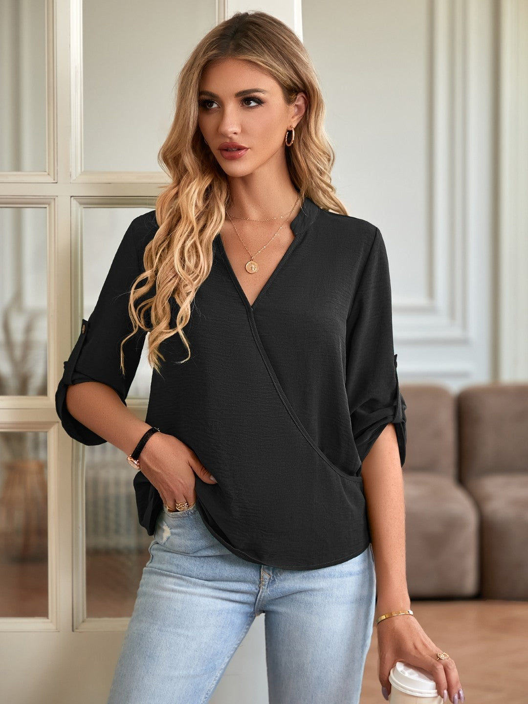 Black V-Neck Polyester Top