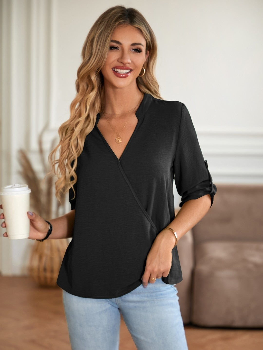 Black V-Neck Polyester Top