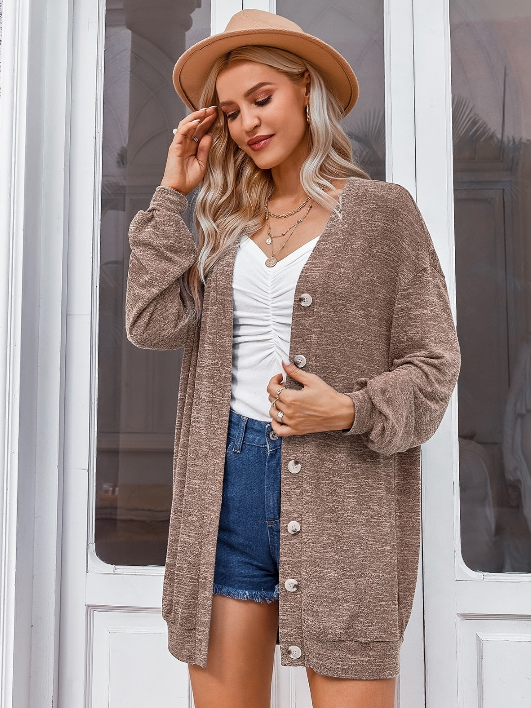 Brown Long Sleeve V-Neck Polyester Jacket