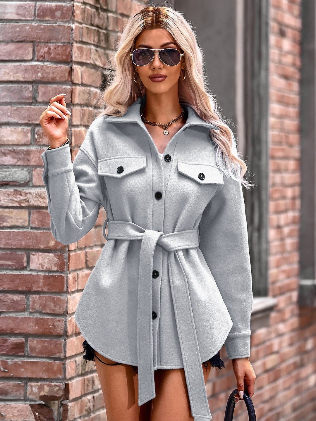 Grey Long Sleeve Shirt Collar Polyester Jacket