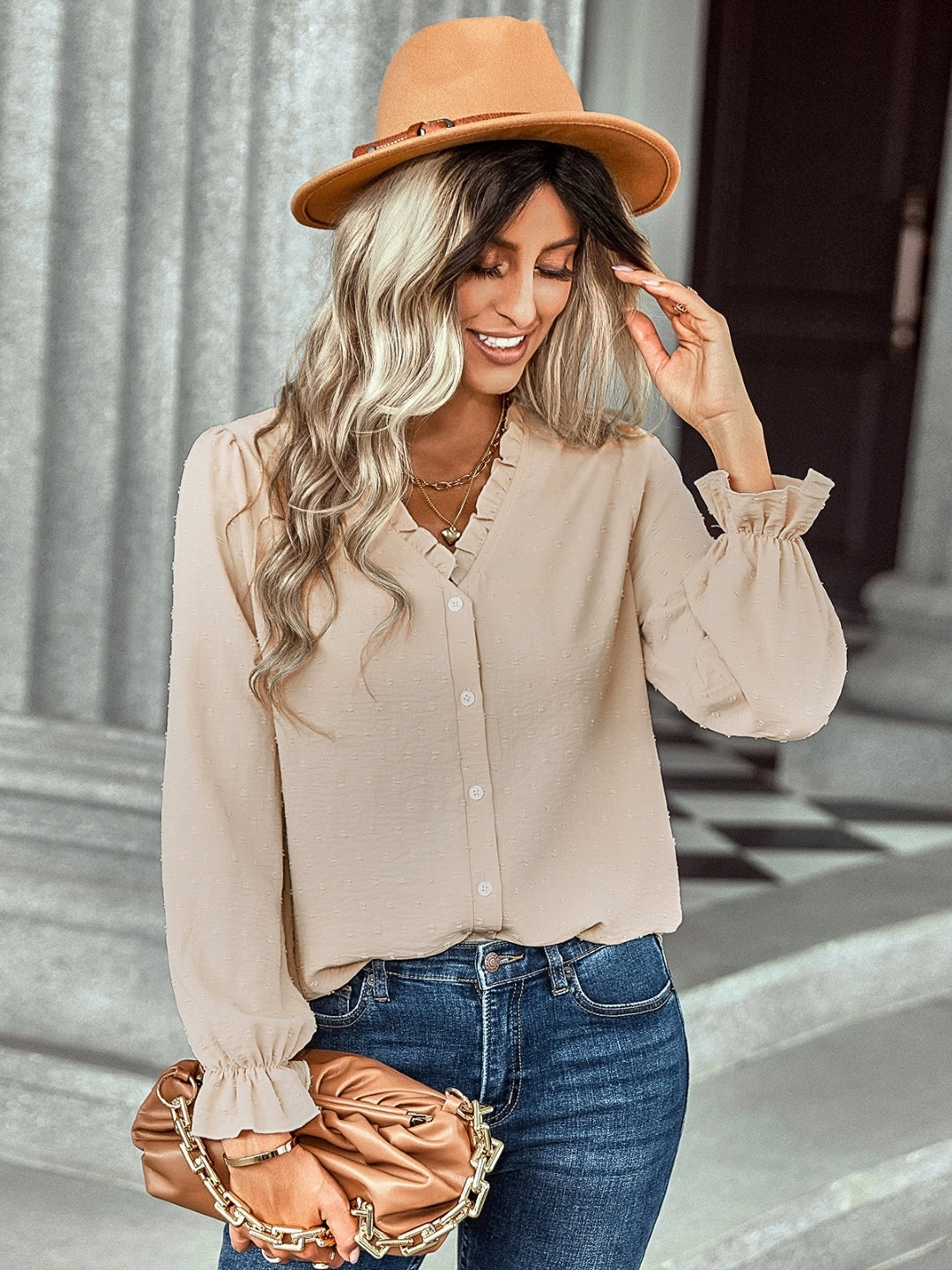 Beige V-Neck Polyester Top