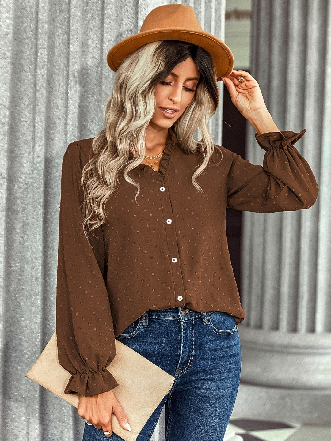 Brown V-Neck Polyester Top