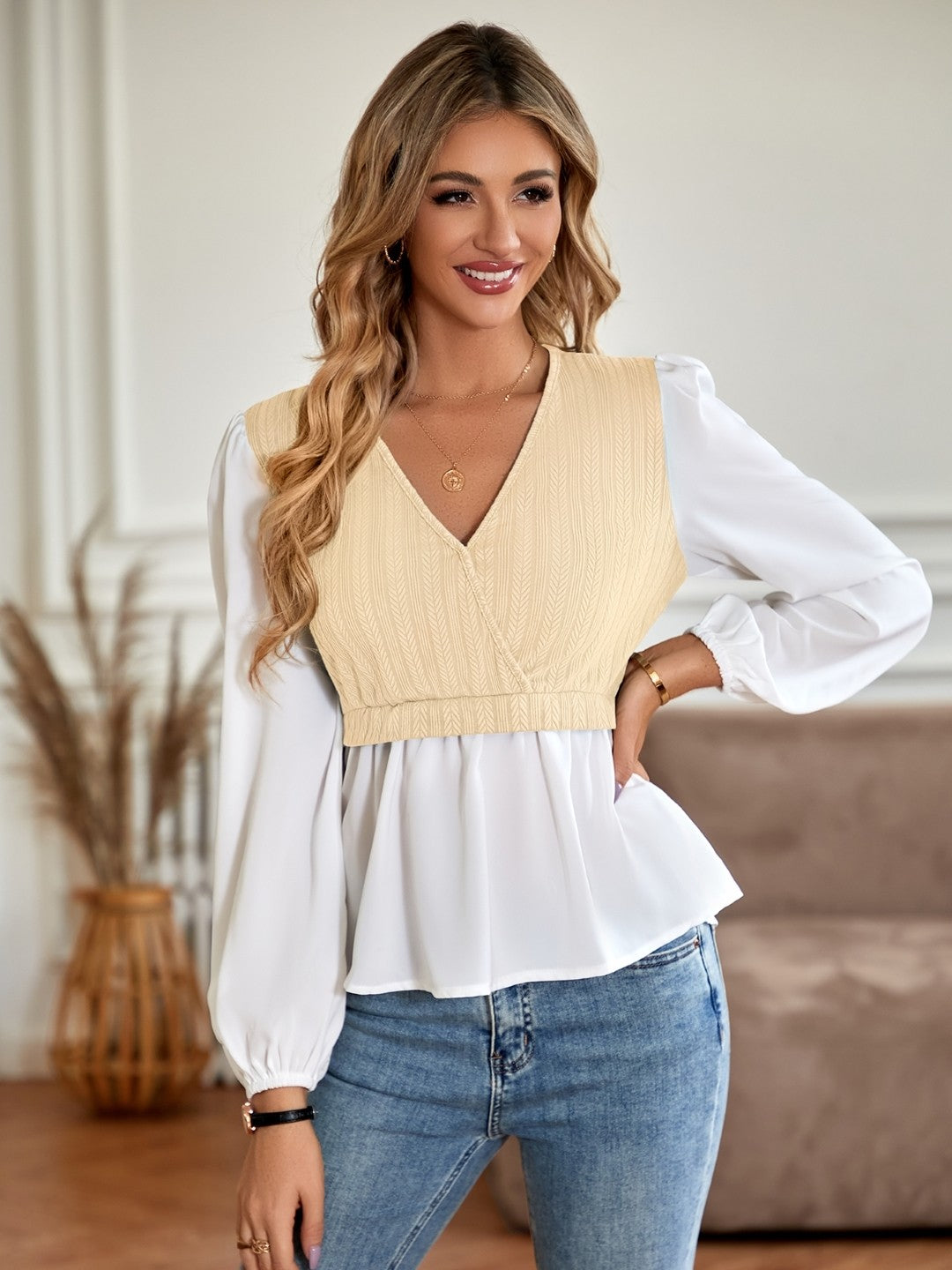 Beige V-Neck Polyester Top