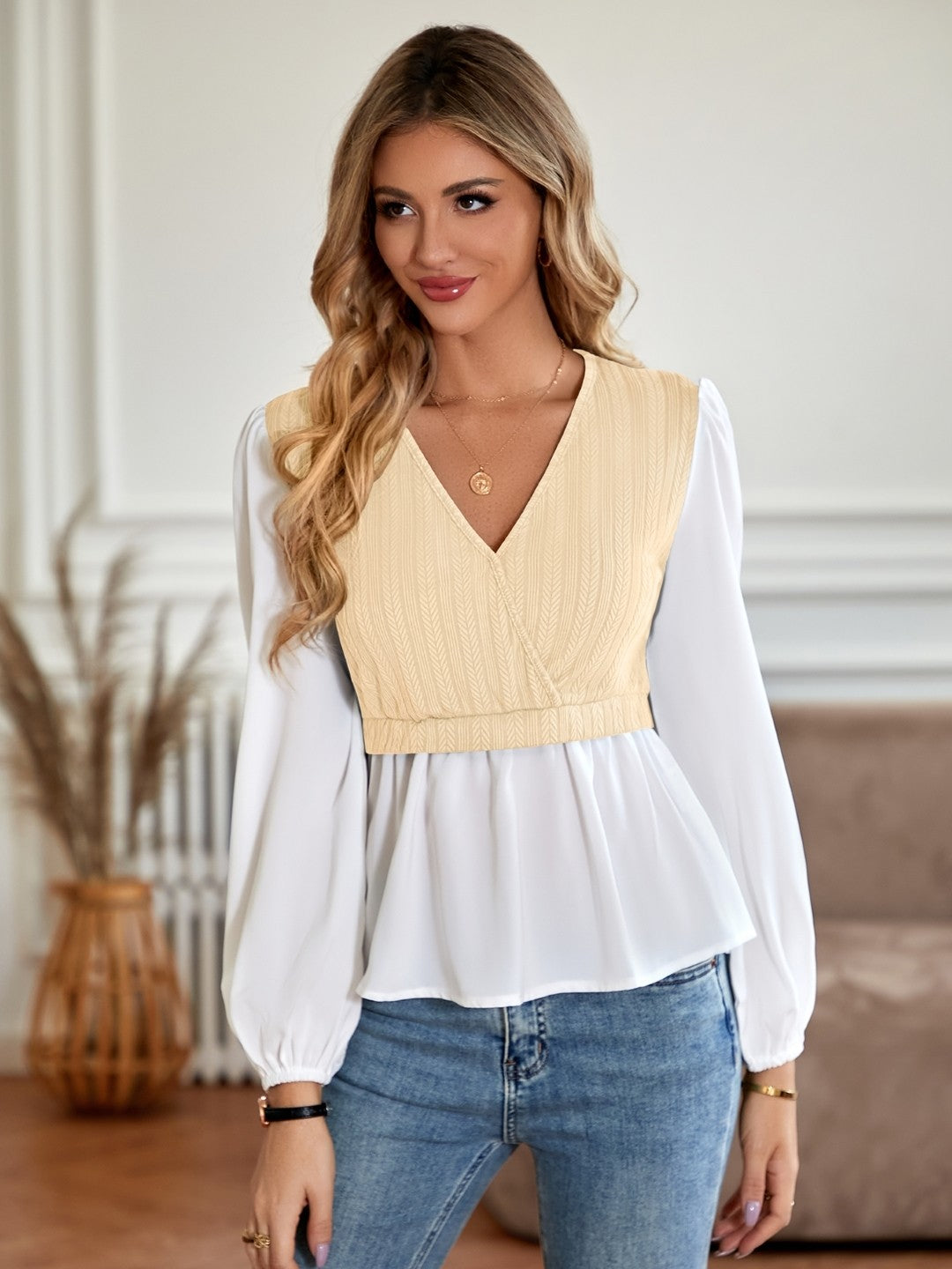 Beige V-Neck Polyester Top