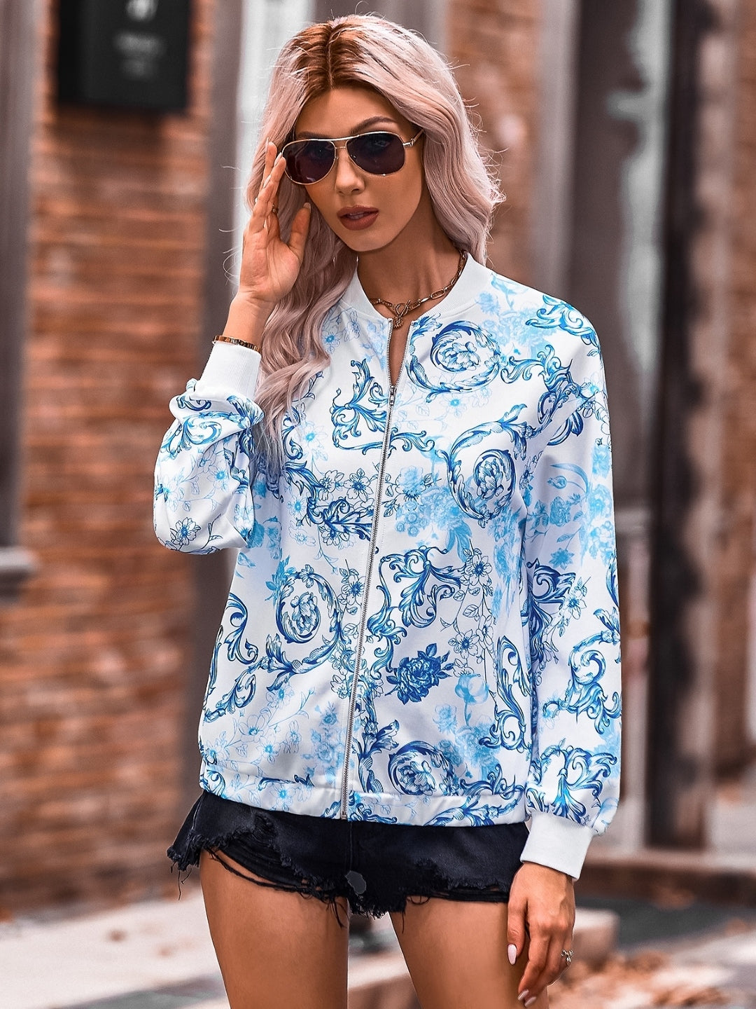 Blue Three Quarter Sleeves Halter Neck Polyester Jacket