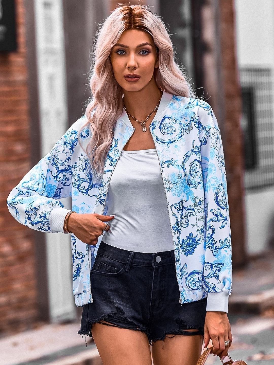 Blue Three Quarter Sleeves Halter Neck Polyester Jacket