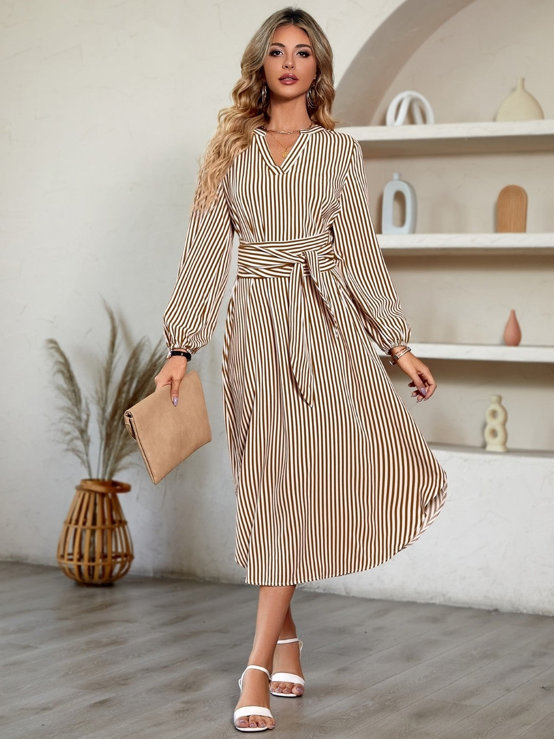 Coffee Brown A-Line Polyester V-Neck Dress