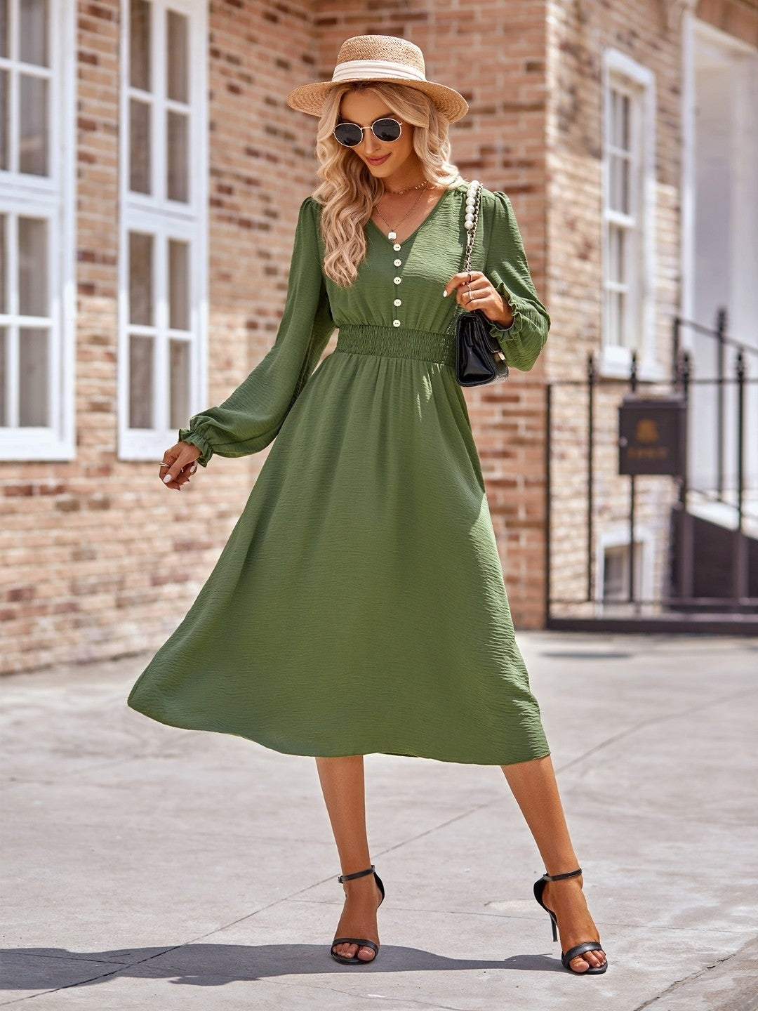 Green A-Line Polyester V-Neck Dress