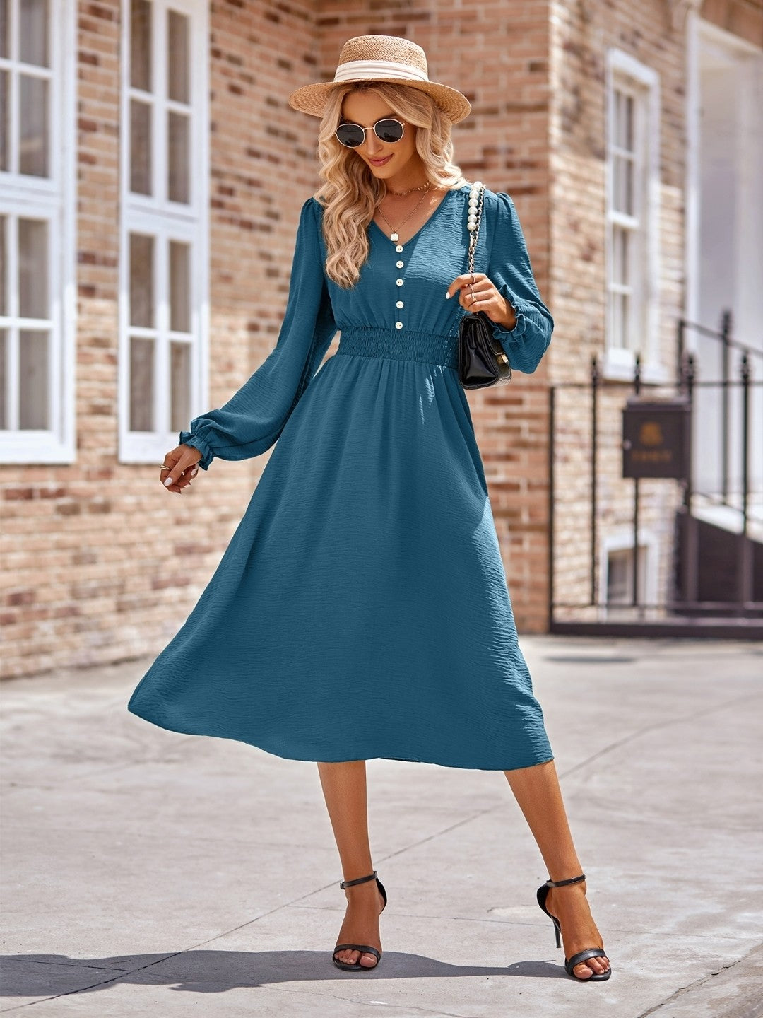 Navy Blue A-Line Polyester V-Neck Dress