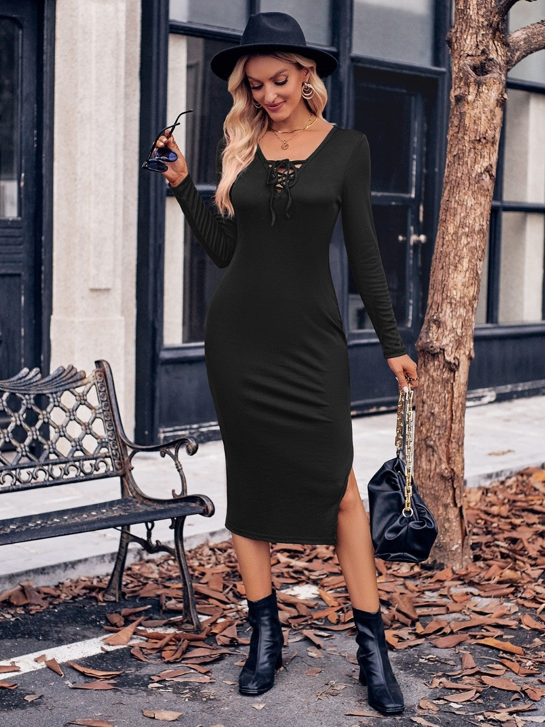 Black A-Line Polyester Boat Neck Dress