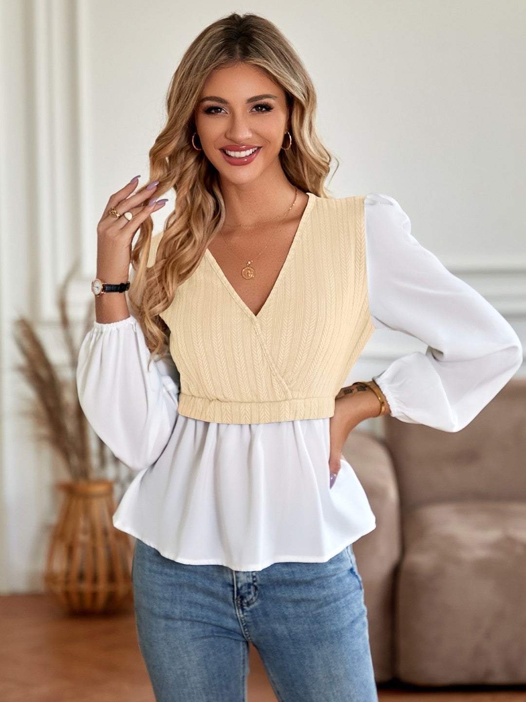 Cream V-Neck Polyester Top