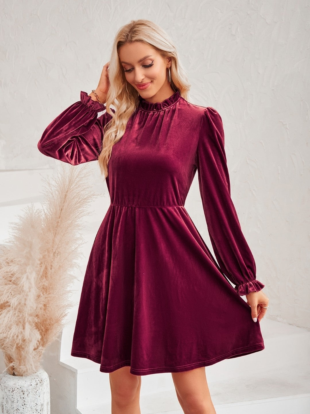 Burgundy A-Line Polyester Round Neck Dress