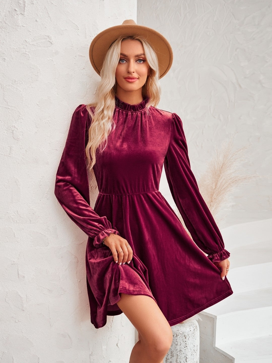 Burgundy A-Line Polyester Round Neck Dress