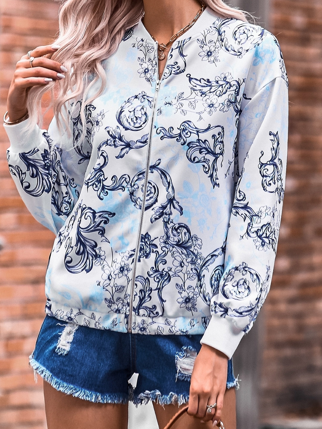 Blue Three Quarter Sleeves Halter Neck Polyester Jacket