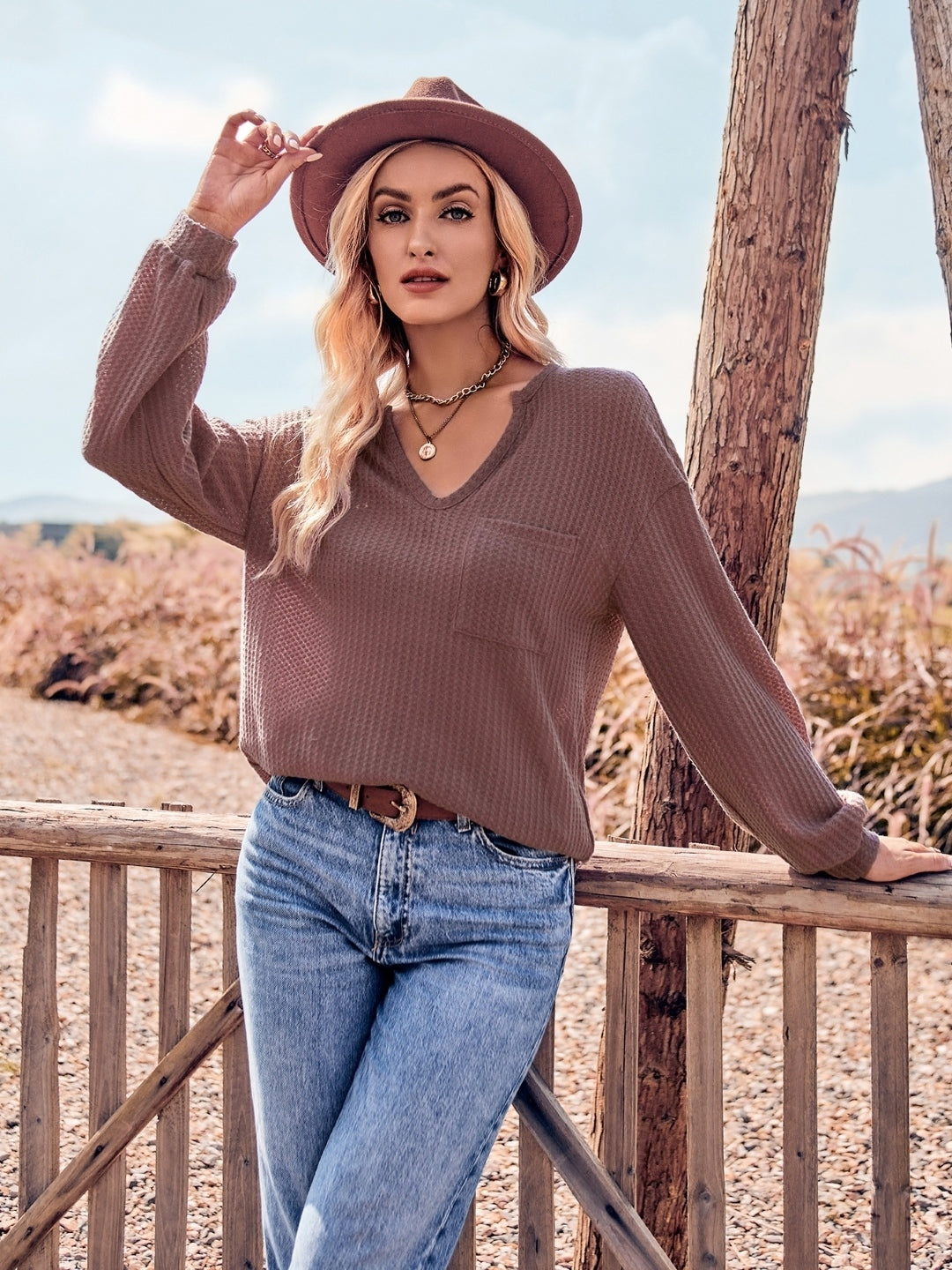 Brown V-Neck Polyester Top