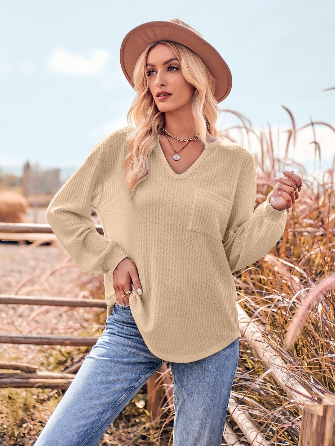 Cream V-Neck Polyester Top