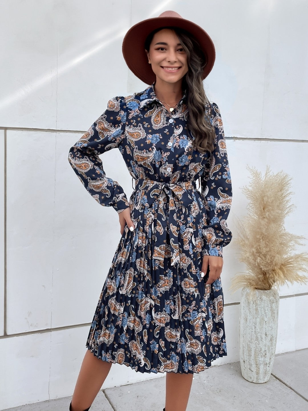 Navy Blue Shirt Collar Printed Long Sleeves Polyester Dress