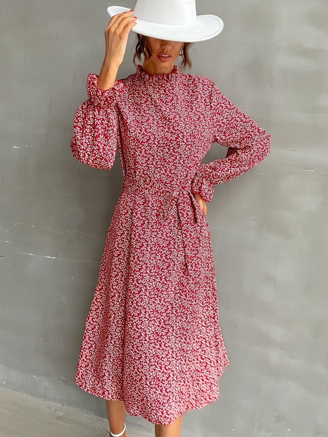 Red High Neck Printed Long Sleeves Polyester Dress