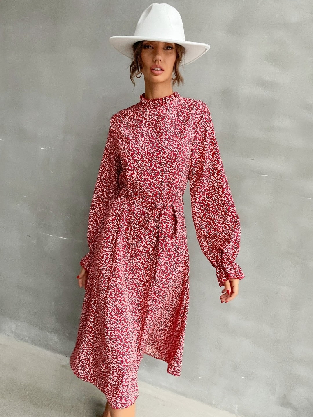 Red High Neck Printed Long Sleeves Polyester Dress