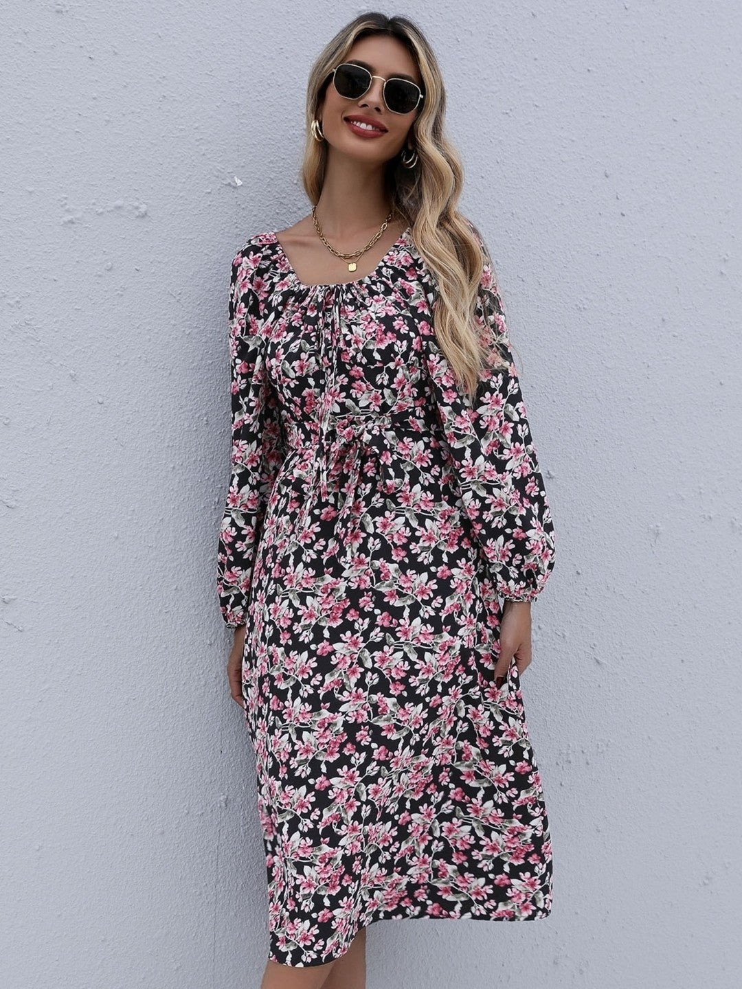 Black Square Neck Printed Long Sleeves Polyester Dress