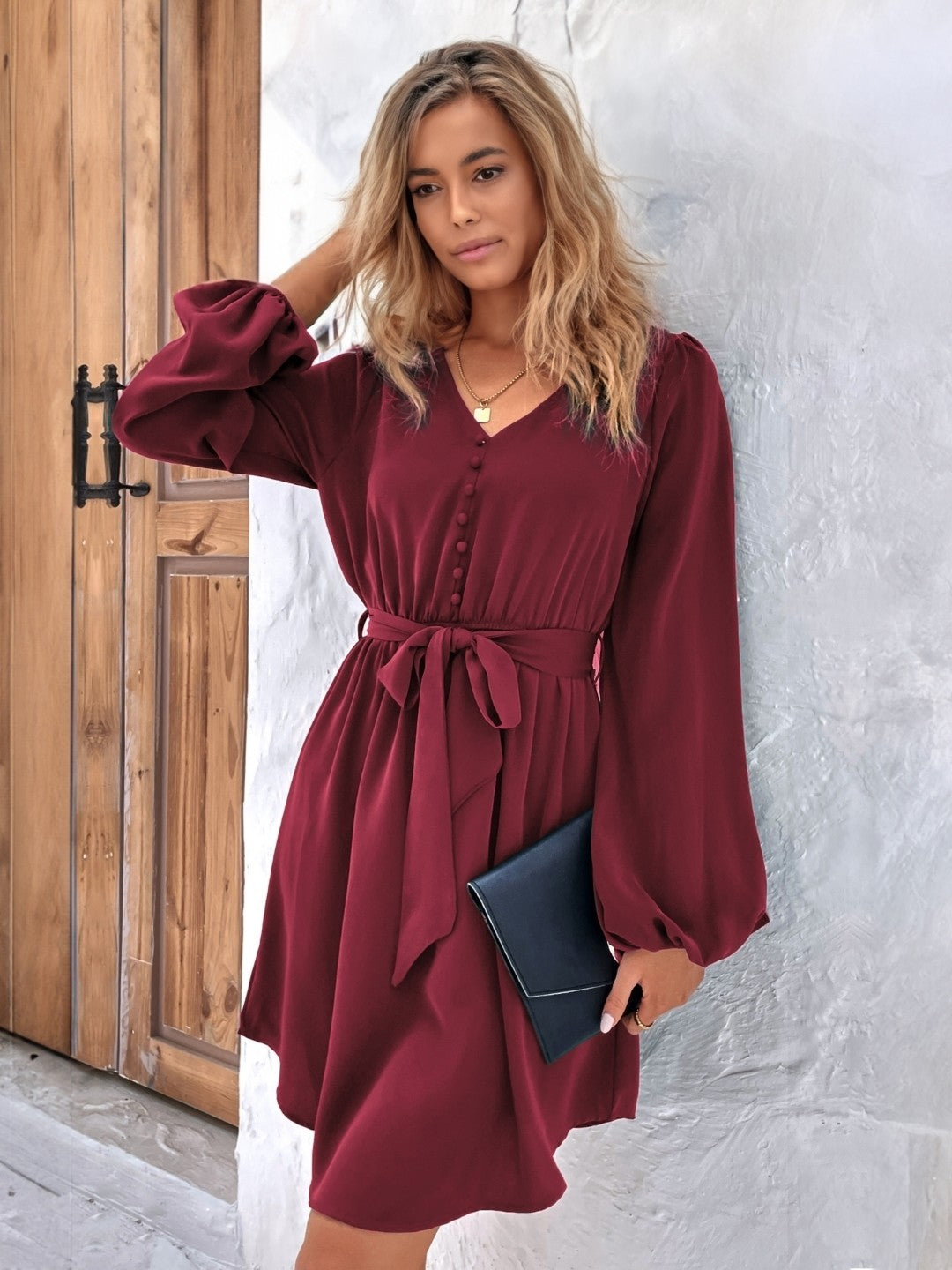 Red V-Neck Solid Long Sleeves Polyester Dress