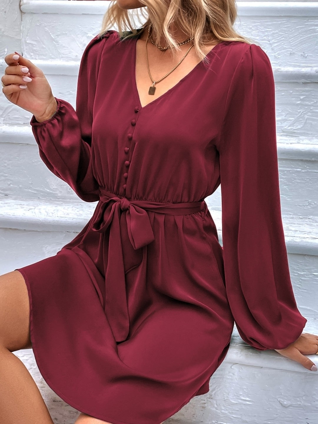 Red V-Neck Solid Long Sleeves Polyester Dress