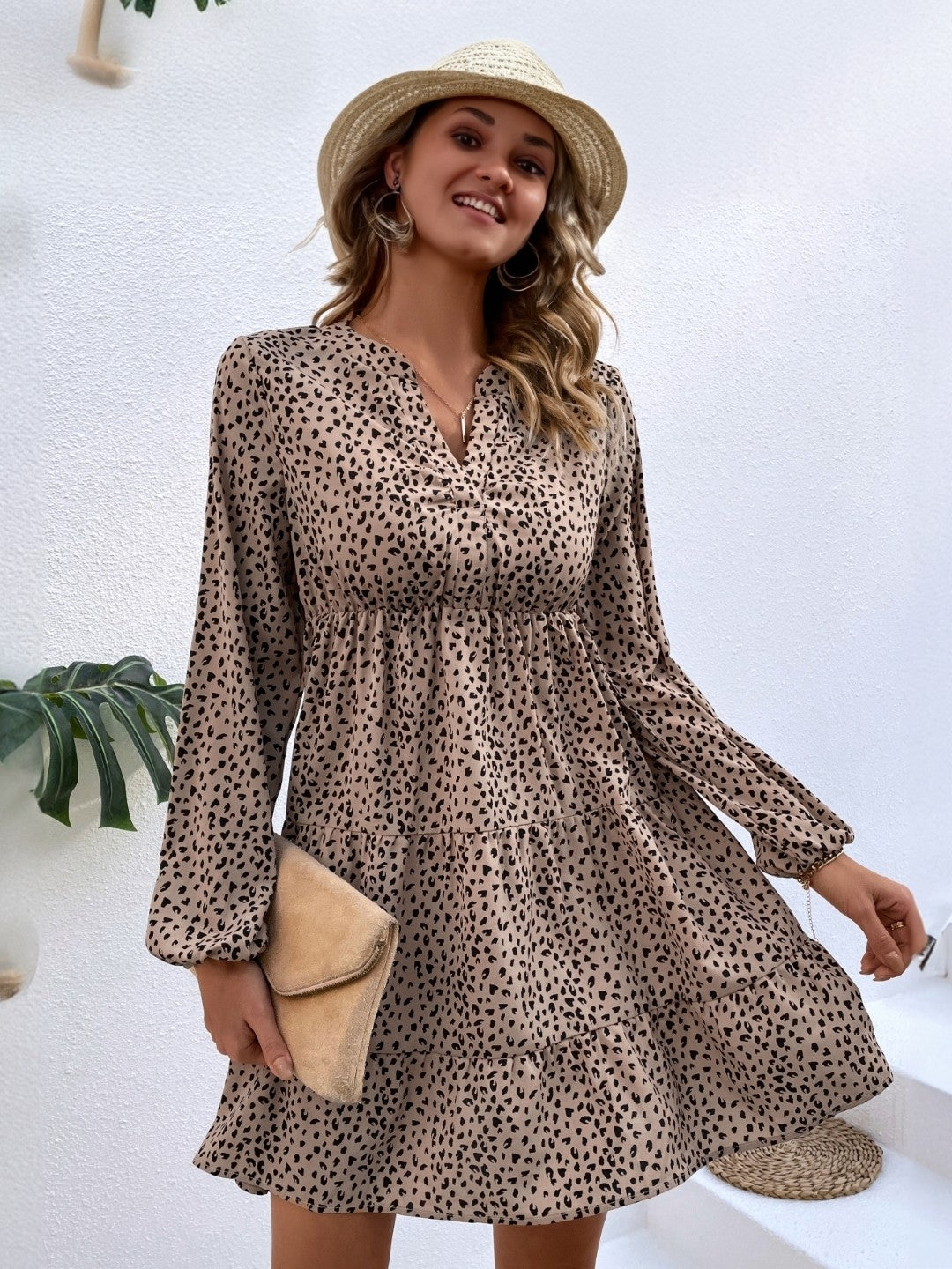 Khaki V-Neck Printed Long Sleeves Polyester Dress