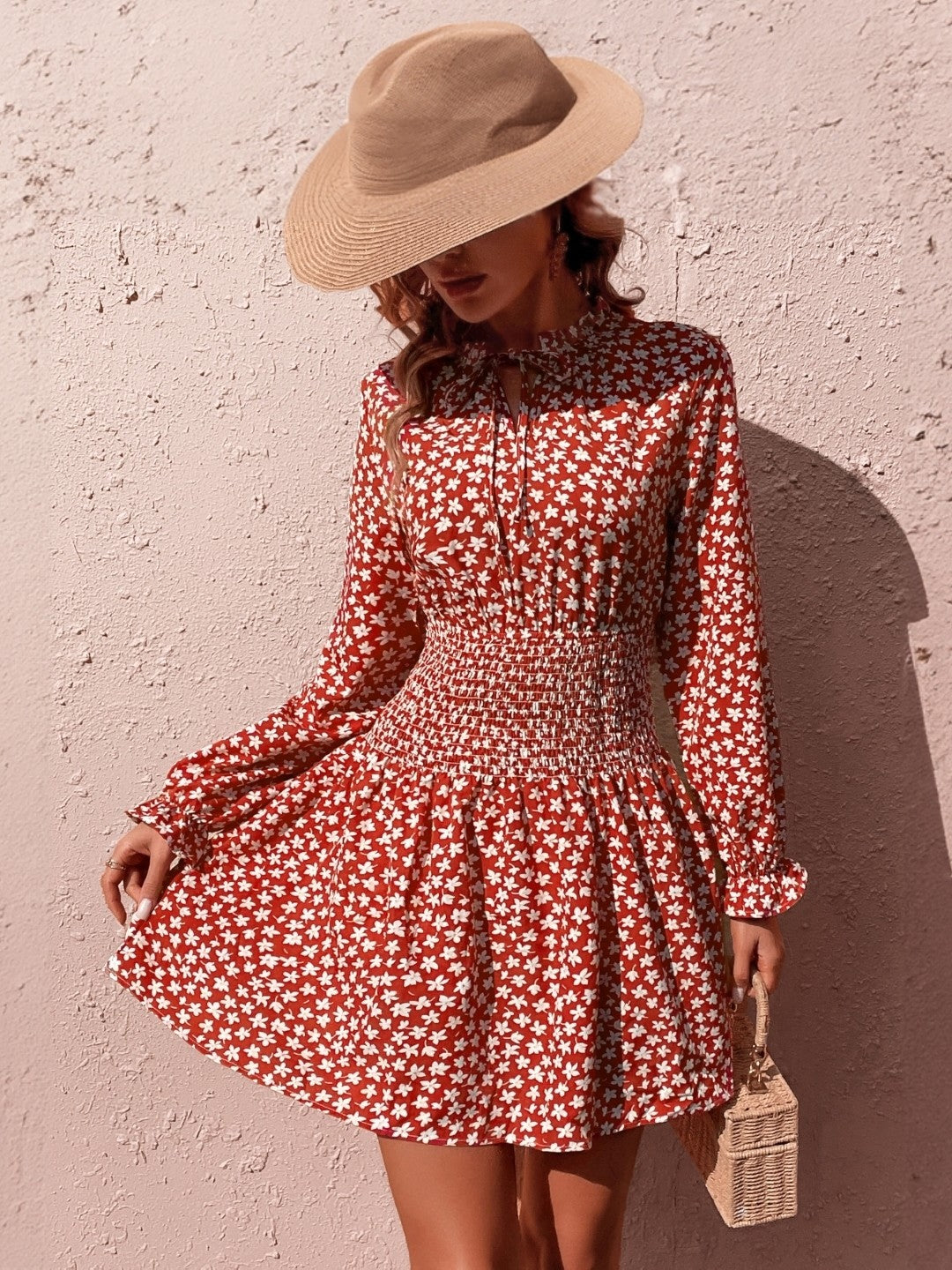 Red V-Neck Printed Long Sleeves Polyester Dress