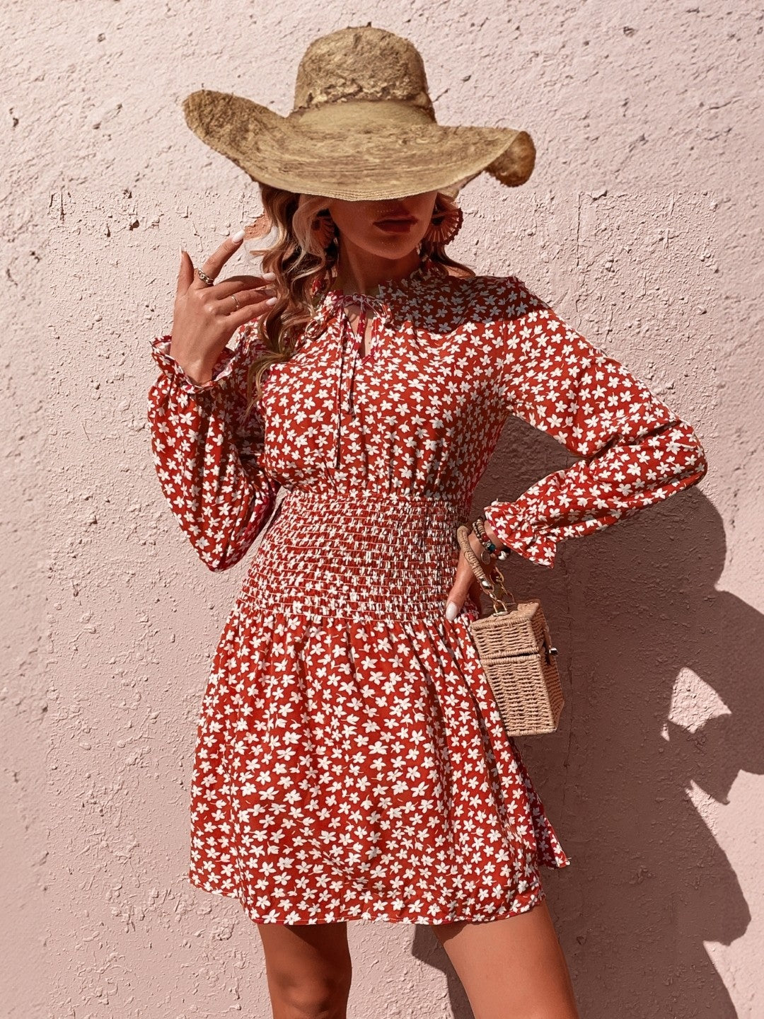 Red V-Neck Printed Long Sleeves Polyester Dress