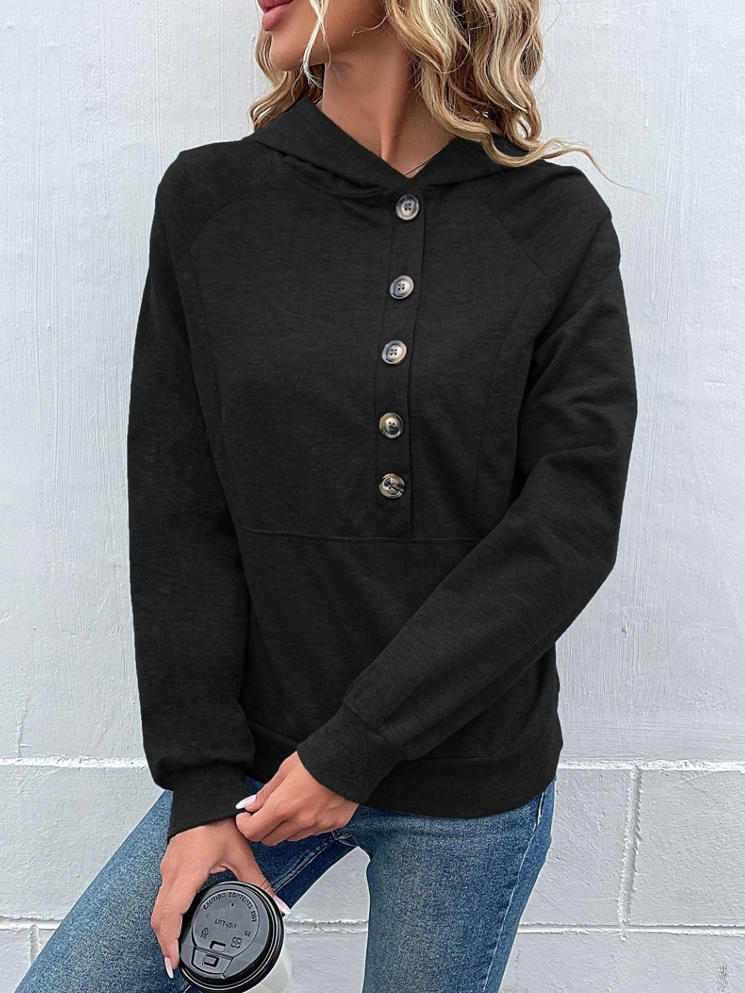 Black V-Neck Solid Long Sleeves Polyester Top