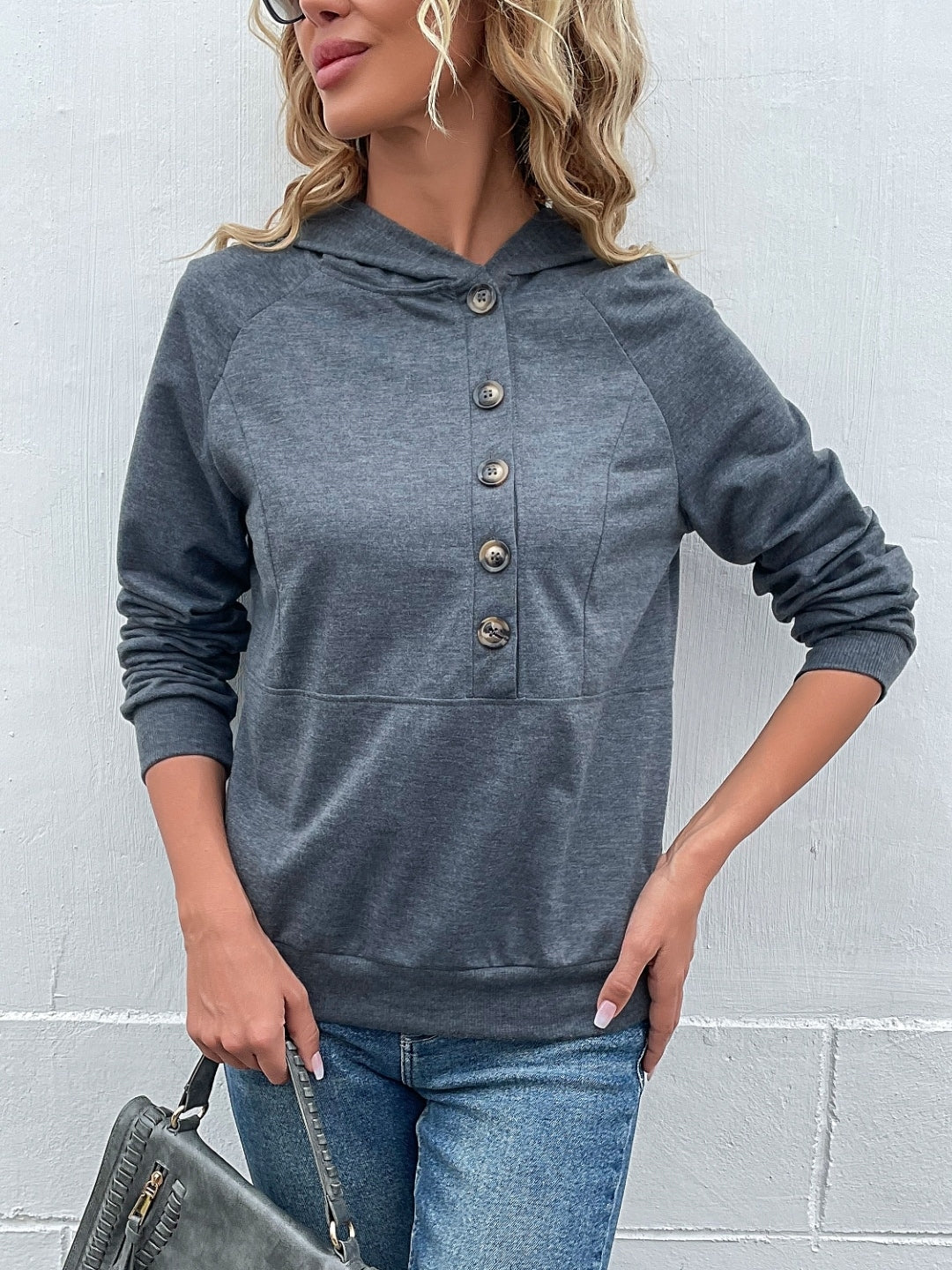 Dark Grey V-Neck Solid Long Sleeves Polyester Top