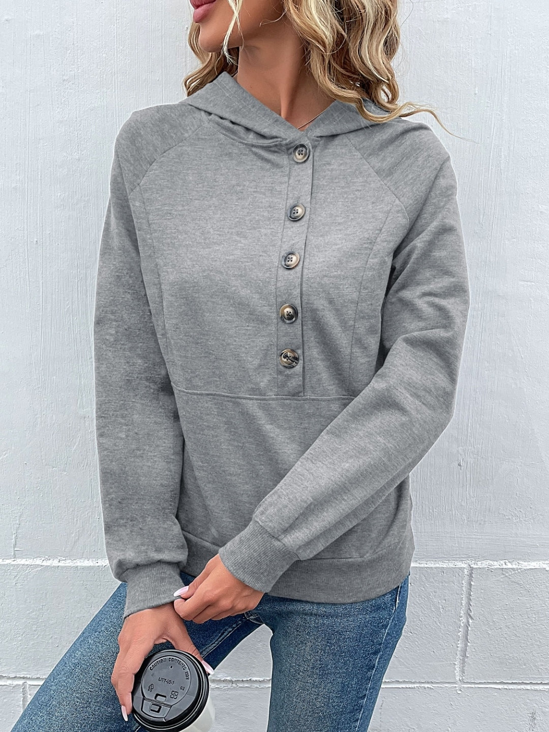 Grey V-Neck Solid Long Sleeves Polyester Top