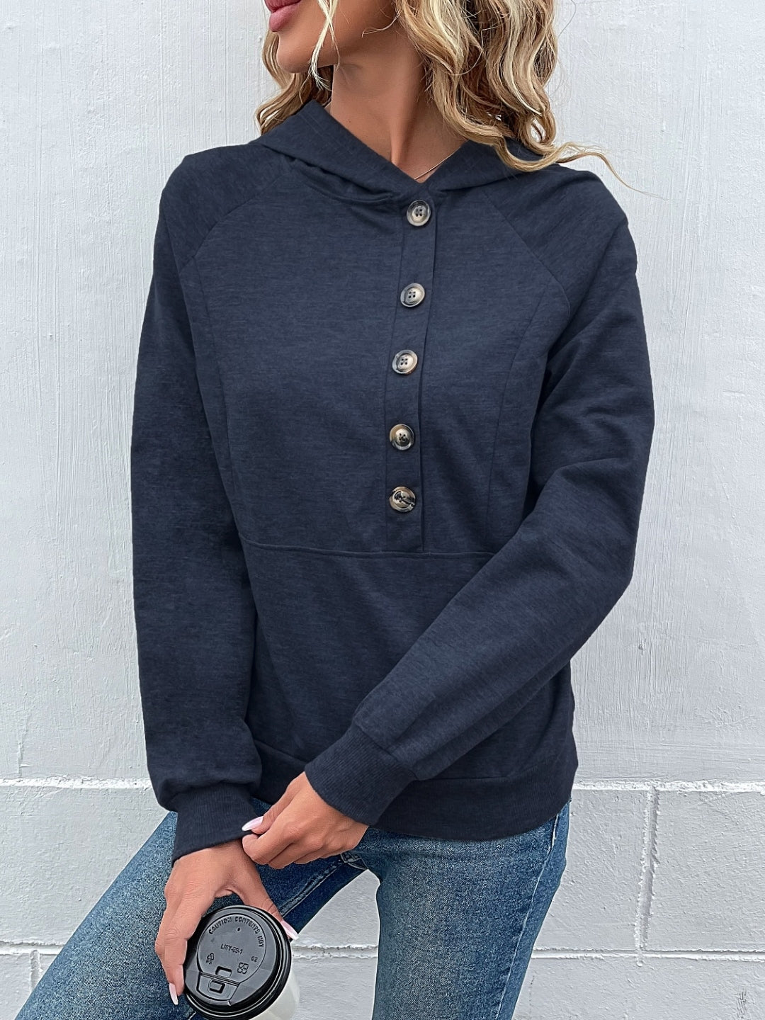 Navy Blue V-Neck Solid Long Sleeves Polyester Top