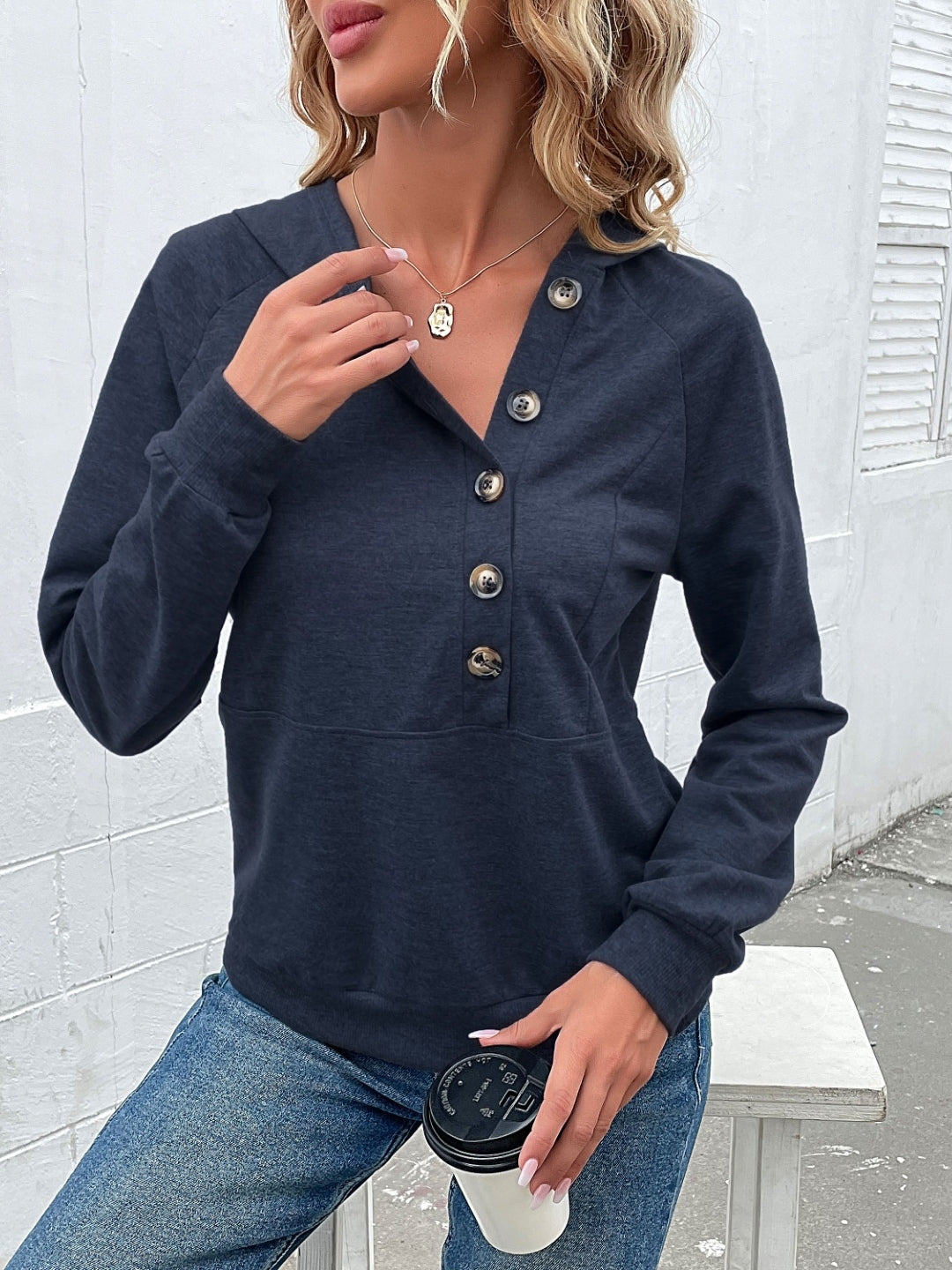 Navy Blue V-Neck Solid Long Sleeves Polyester Top