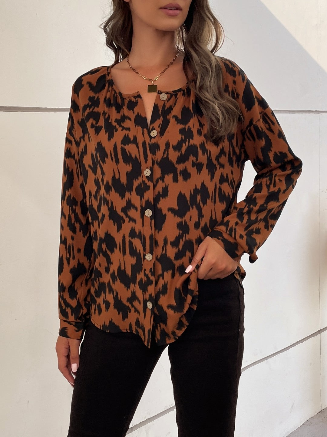 Brown Round Neck Printed Long Sleeves Polyester Top