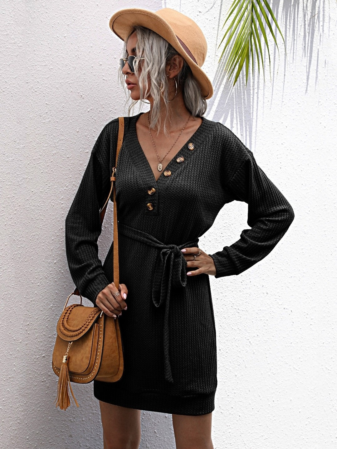 Black One Shoulder Solid Long Sleeves Cotton Dress