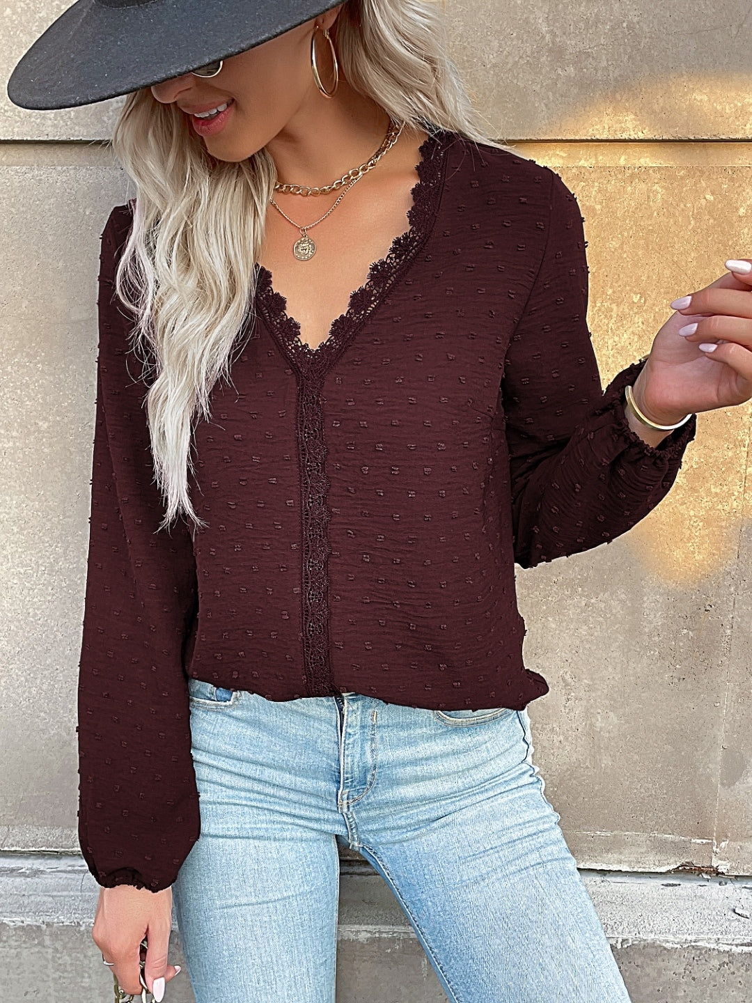 Burgundy V-Neck Solid Long Sleeves Polyester Top