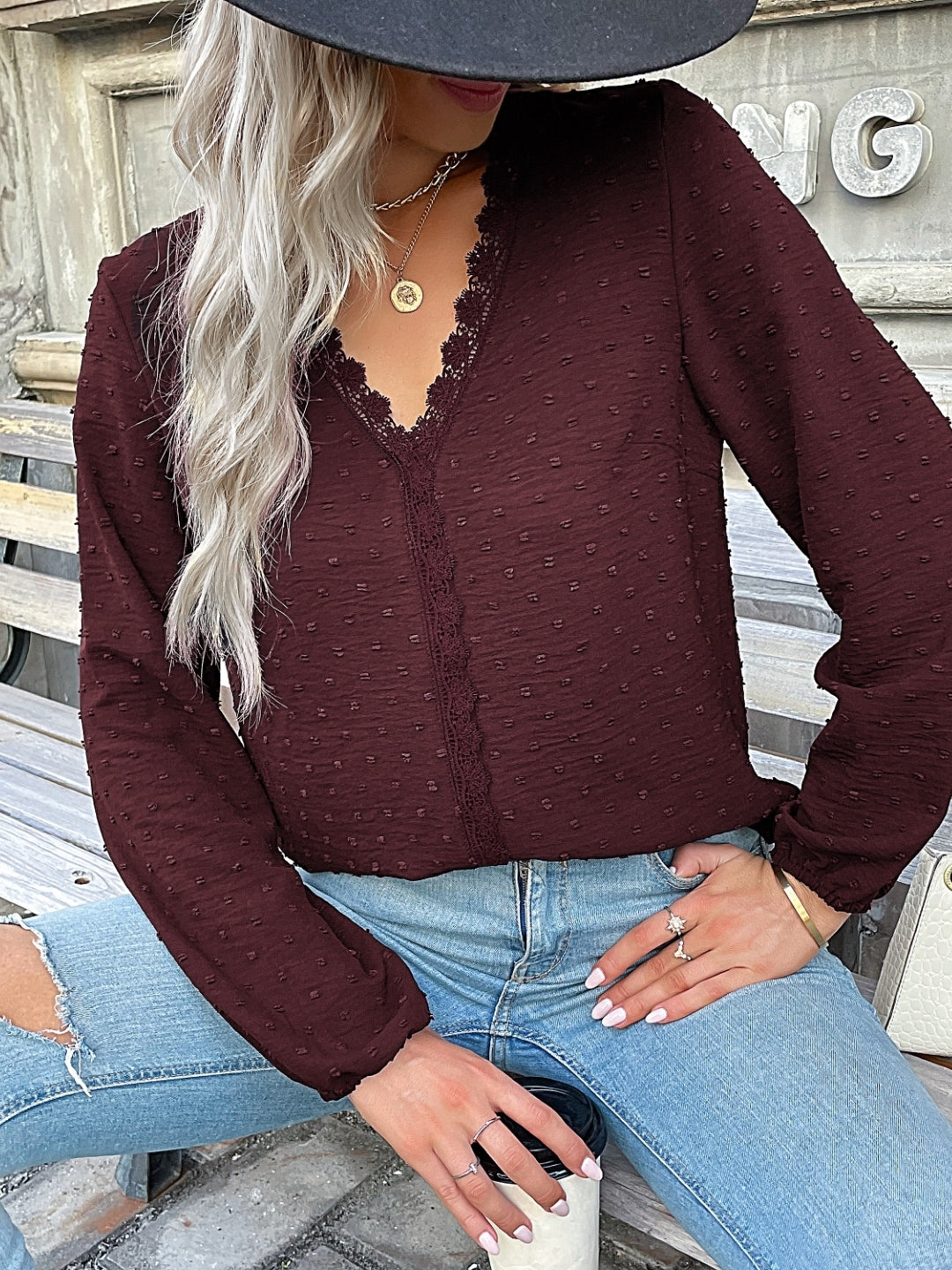 Burgundy V-Neck Solid Long Sleeves Polyester Top