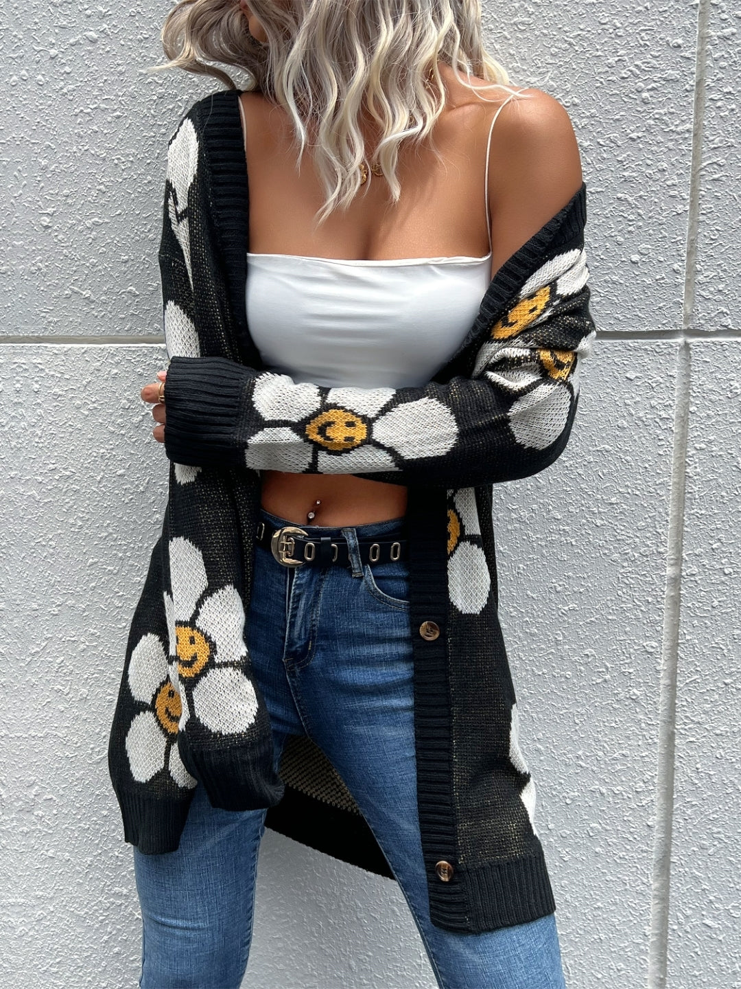 Black V-Neck Printed Long Sleeves Acrylic Cardigan