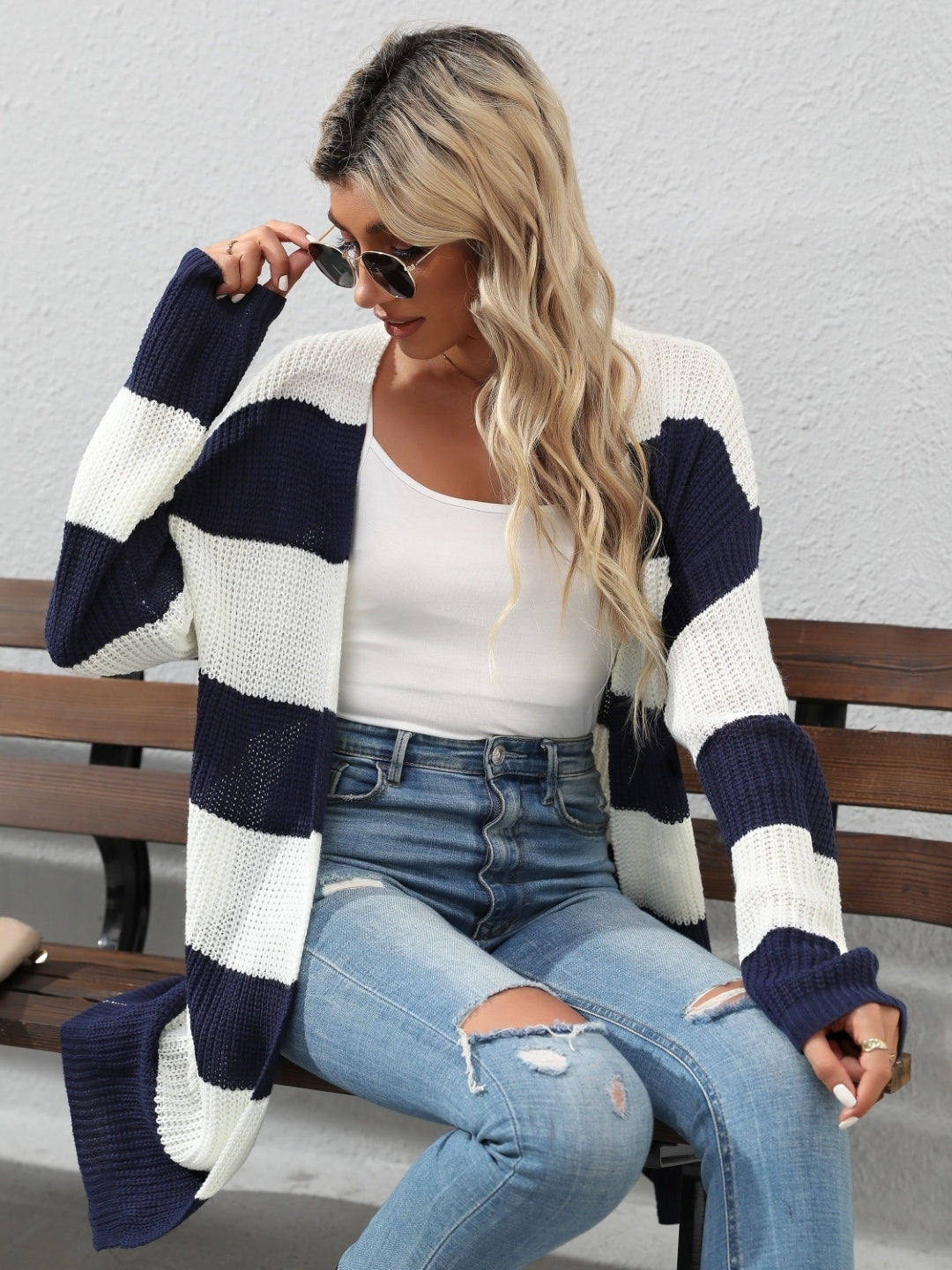 Blue V-Neck Colourblocked Long Sleeves Polyester Cardigan