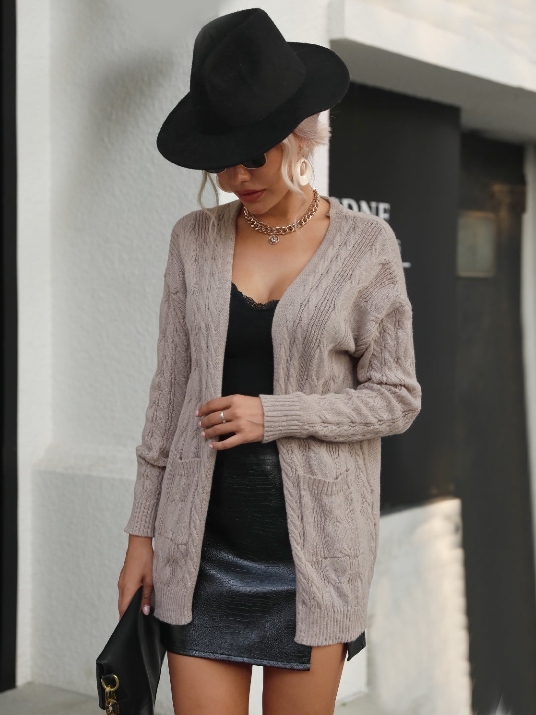 Khaki V-Neck Solid Long Sleeves Polyester Cardigan