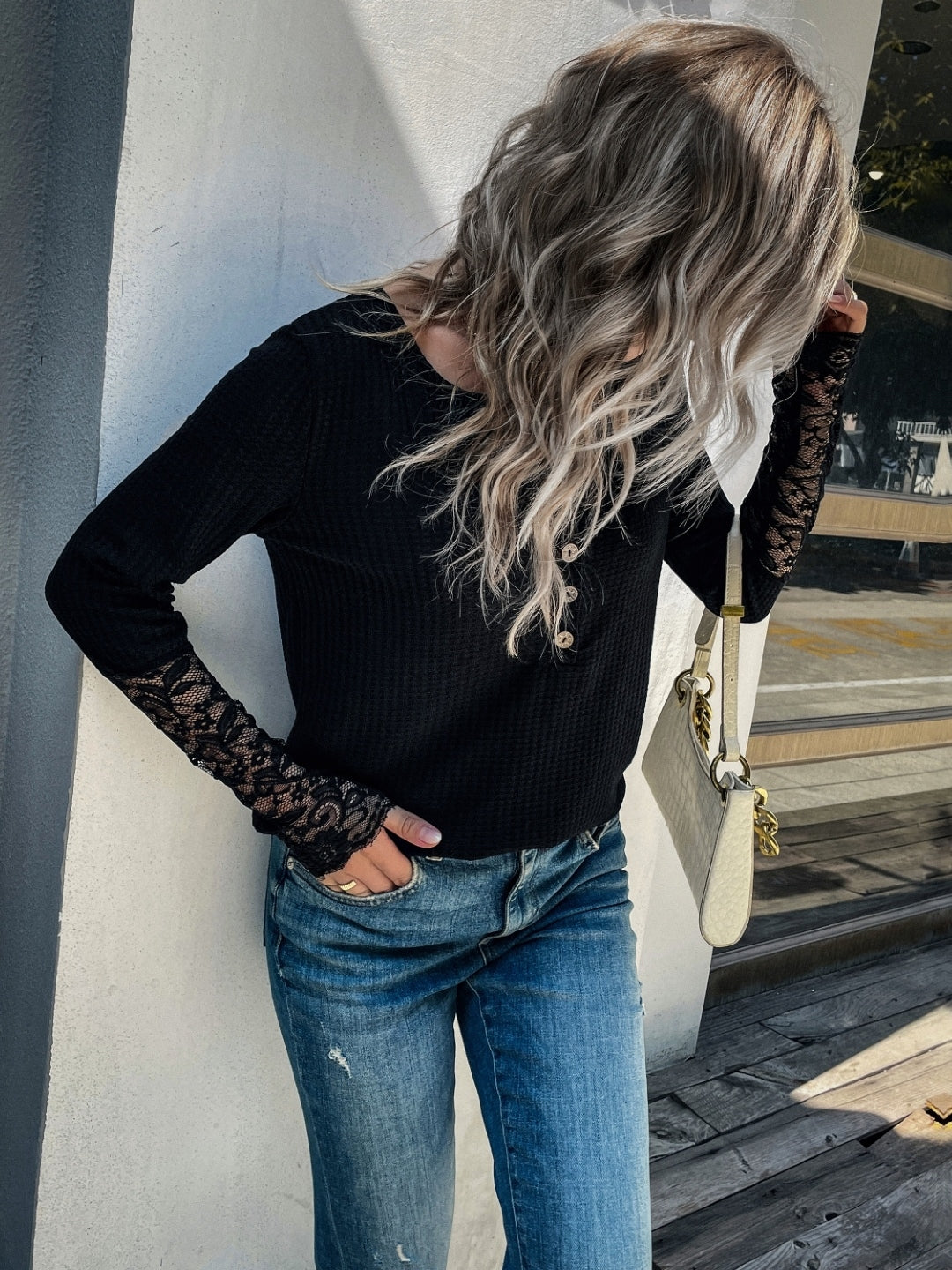 Black Round Neck Solid Long Sleeves Cotton Top