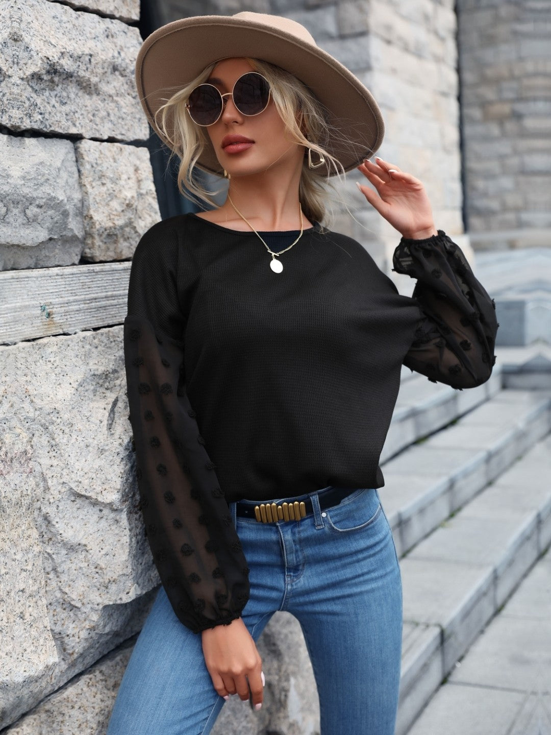 Black Round Neck Solid Long Sleeves Cotton Top