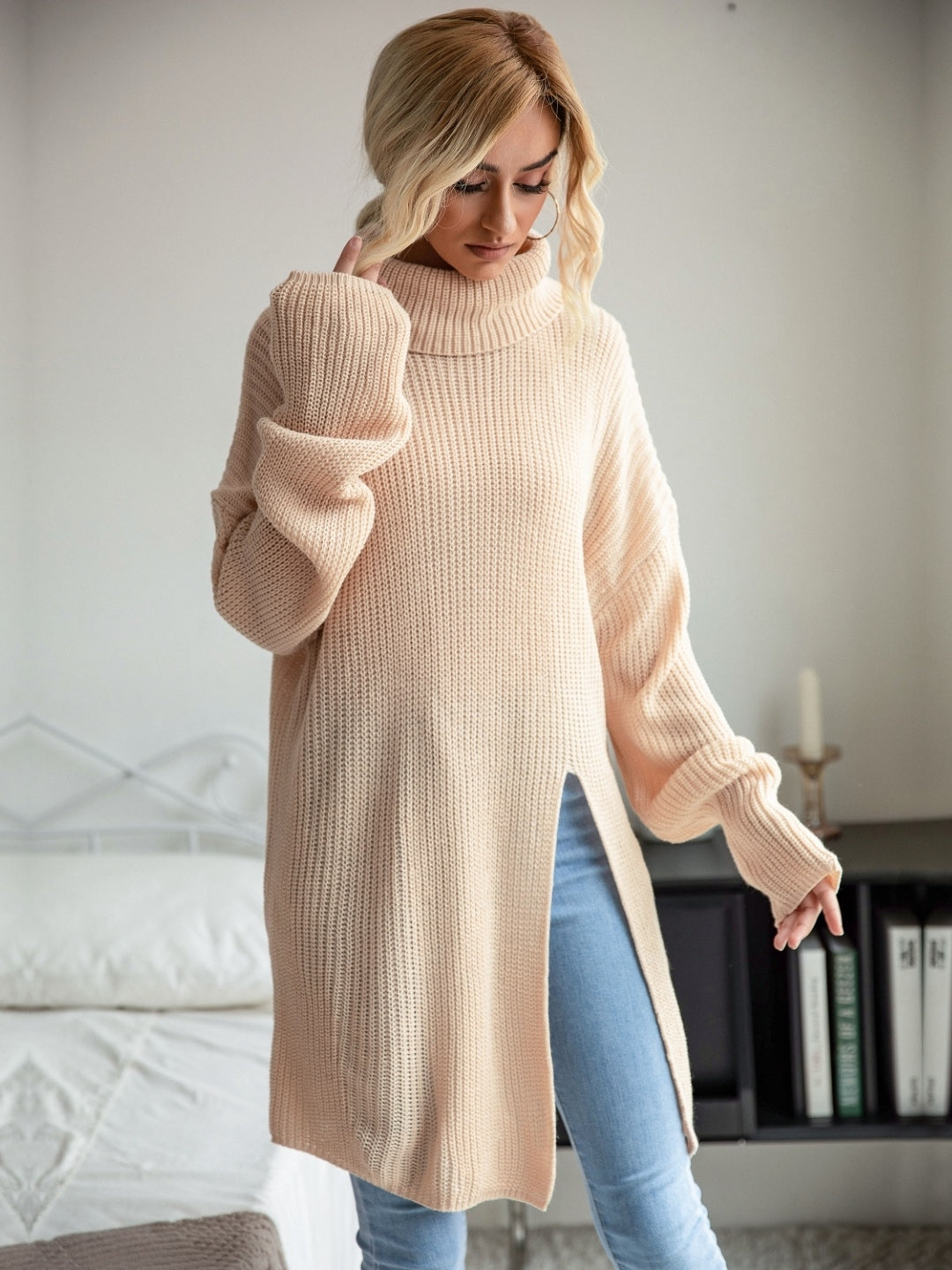 Cream Round Neck Solid Long Sleeves Side Slit Polyester Sweater