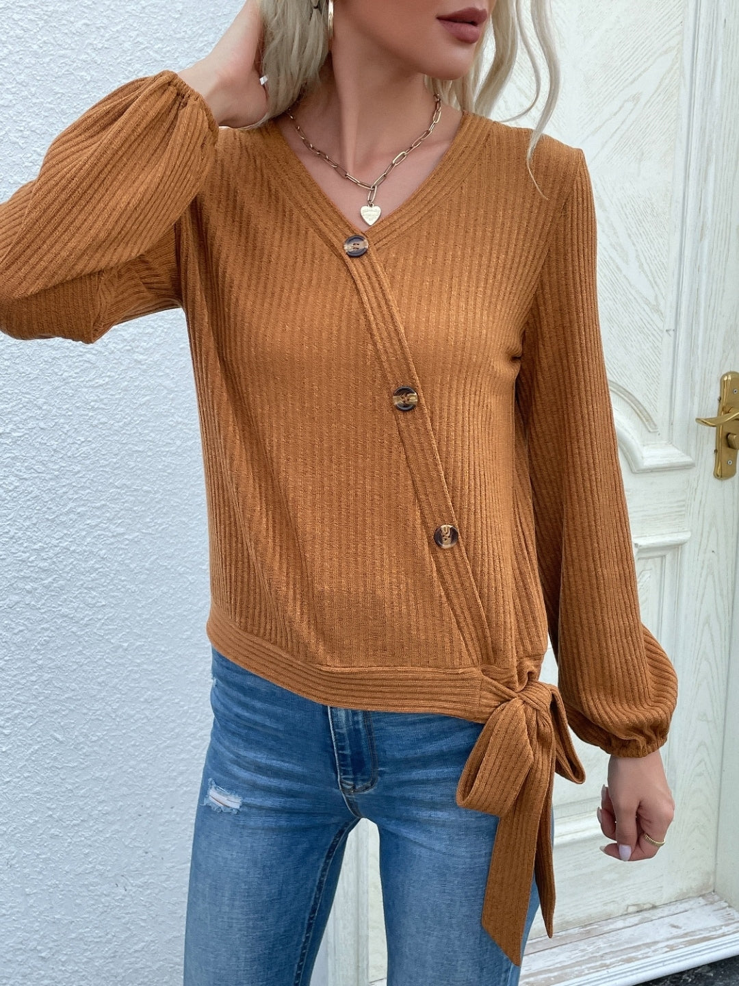 Brown One Shoulder Solid Long Sleeves Polyester Top