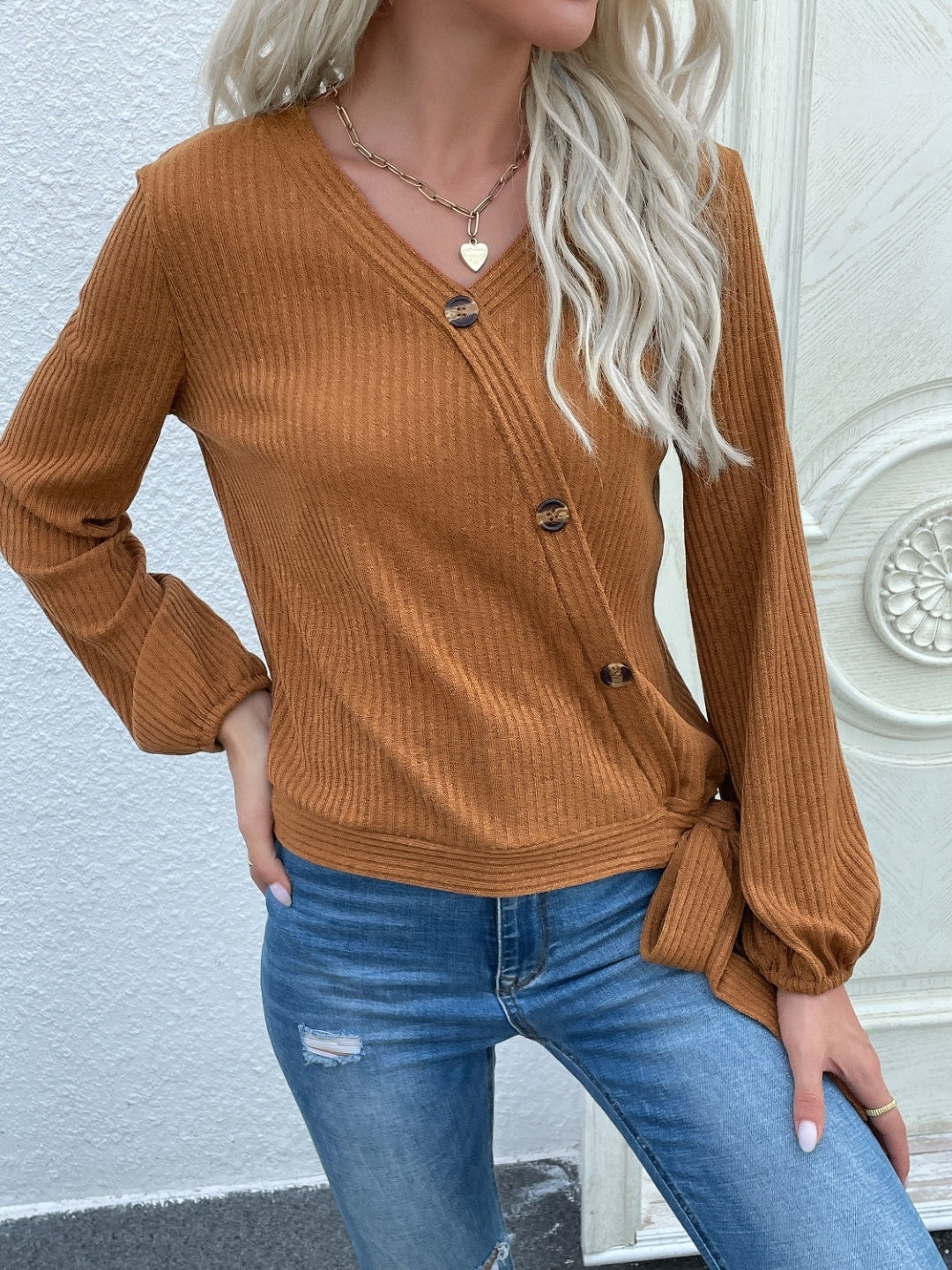 Brown One Shoulder Solid Long Sleeves Polyester Top