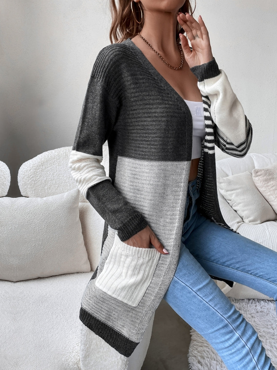 Grey V-Neck Striped Long Sleeves Polyester Cardigan