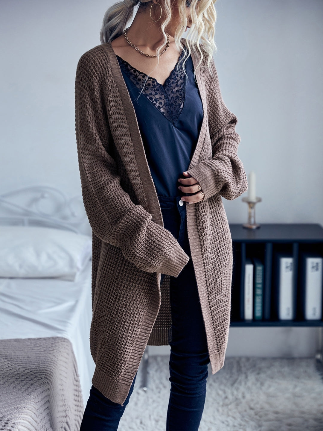 Coffee Brown V-Neck Solid Long Sleeves Polyester Cardigan