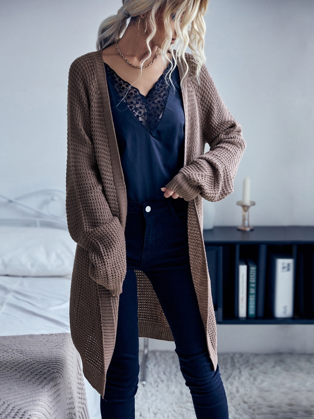 Coffee Brown V-Neck Solid Long Sleeves Polyester Cardigan