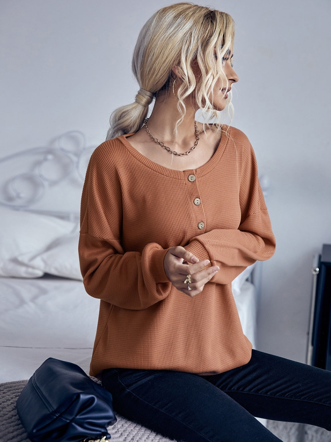 Brown Round Neck Solid Long Sleeves Cotton Sweater